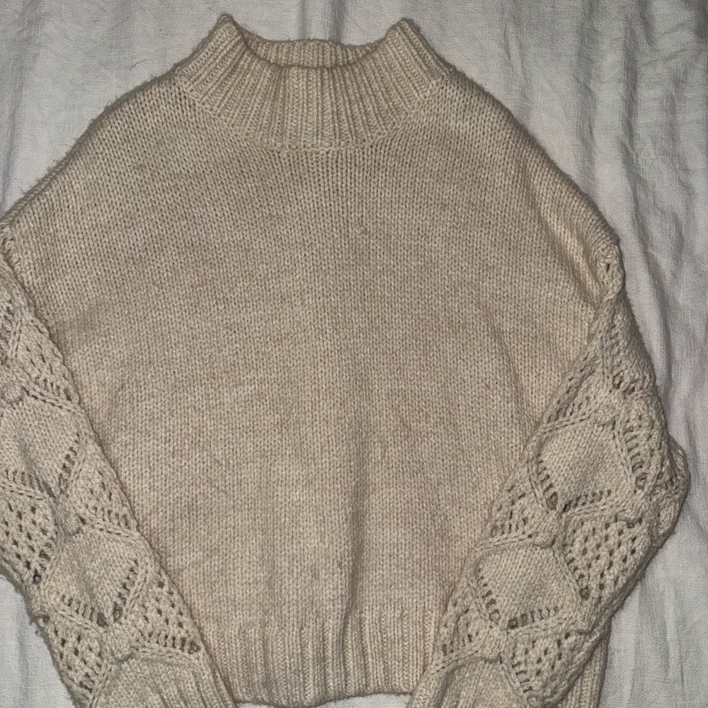 Skies Are Blue Chunky Cream Sweater With Crochet Sleeves